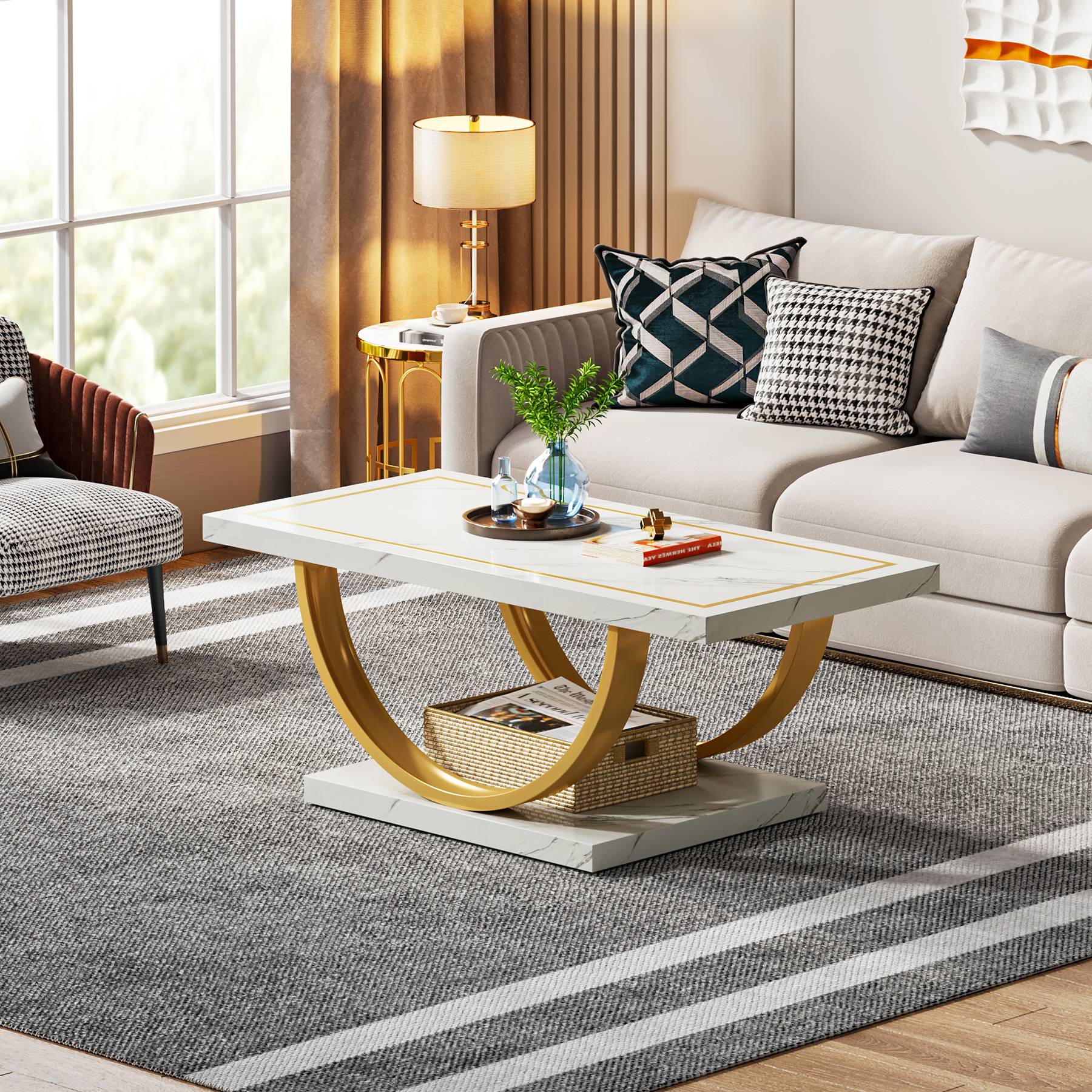 Modern Coffee Table, Mid Century Center Table with Faux Marble Veneer