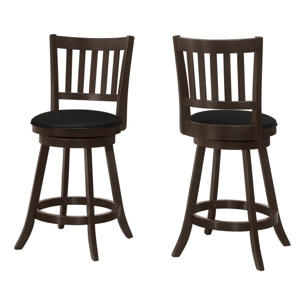 Bar Stool， Set Of 2， Swivel， Counter Height， Kitchen， Brown Wood， Black Leather Look， Transitional
