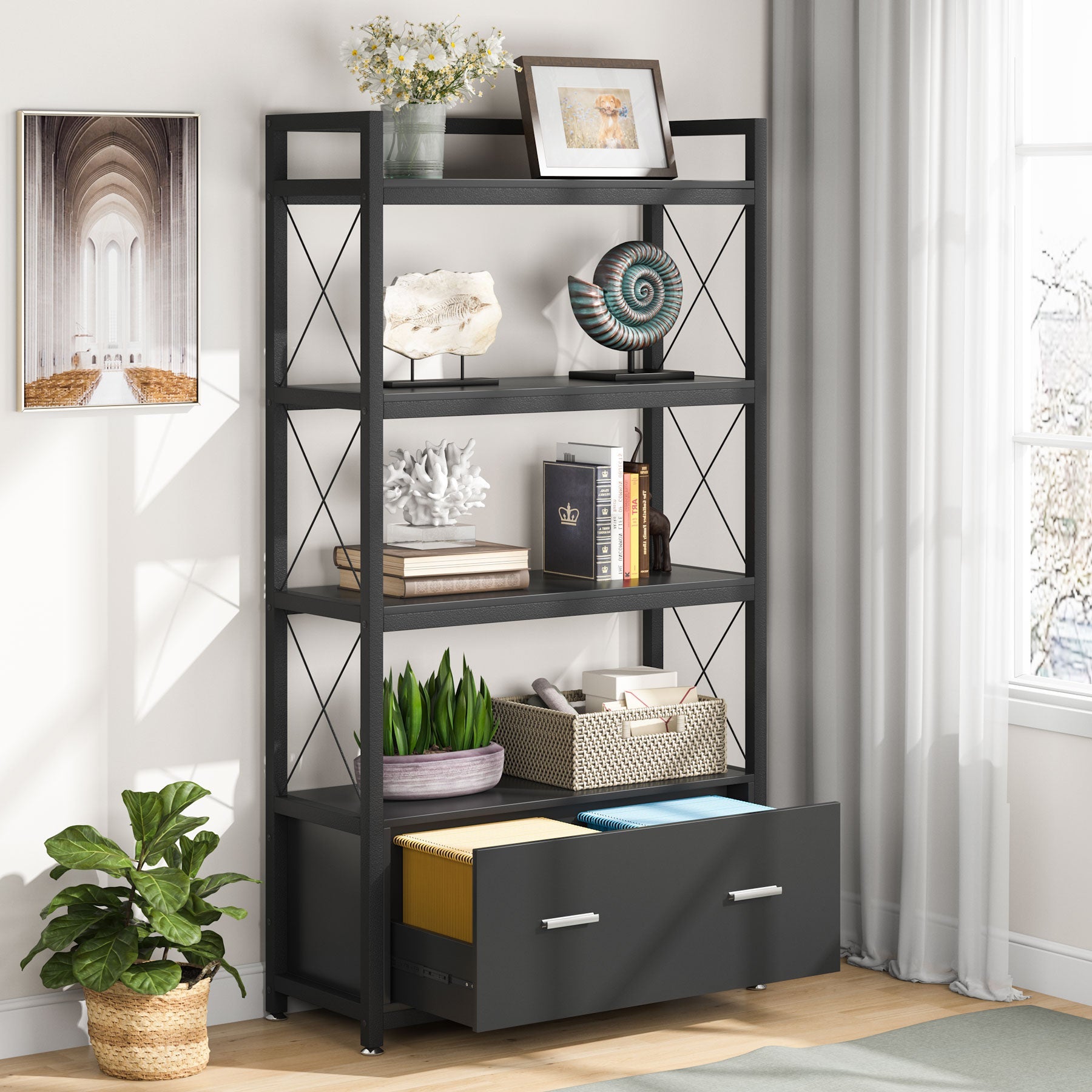 Vertical File Cabinet, Freestanding Filing Cabinet with Drawer & Open Shelves