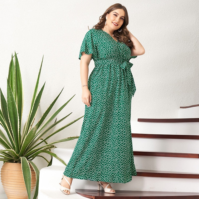 MAI&FUN 2021 New Summer Maxi Dress Women Green Floral Sashes Belt Split Flared Short Sleeve V-neck Boho Holiday Robes Plus Size