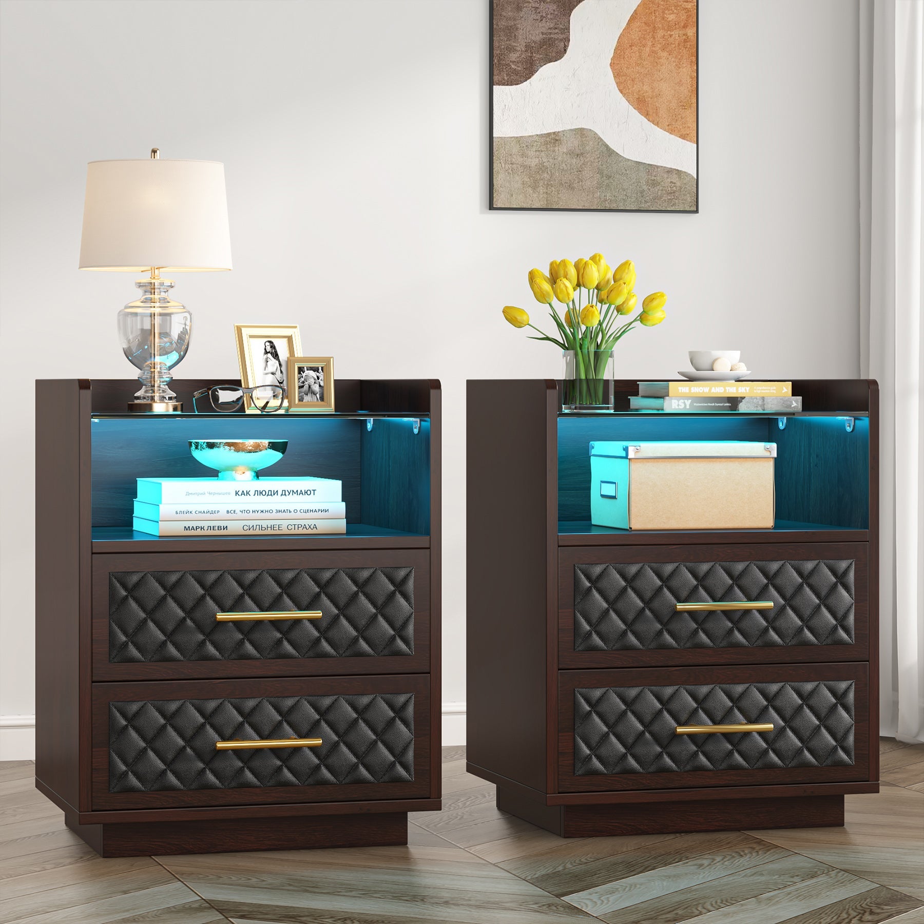 2 Drawers Nightstand Beside Table with LED Lights and Shelves