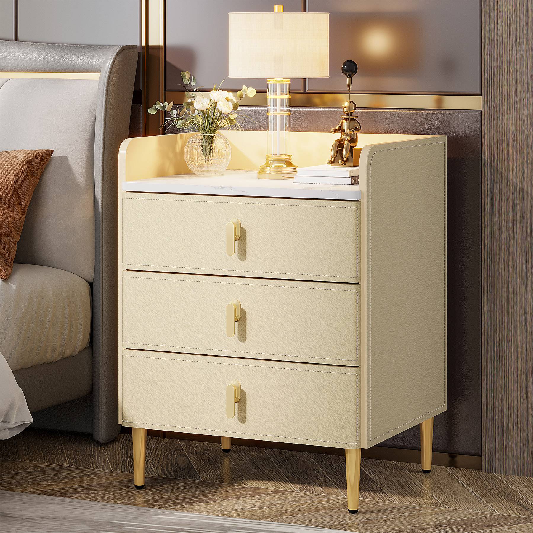 Nightstand with 3 Drawers, Modern Beside Table with Faux Marble Top