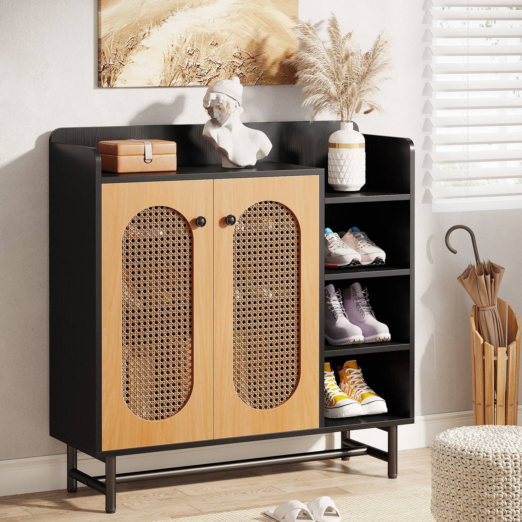 Rattan Shoe Cabinet, Shoe Storage Organizer with Doors & Open Shelves