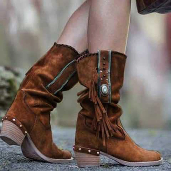 Women's Retro Fringed Chunky Knight Boots