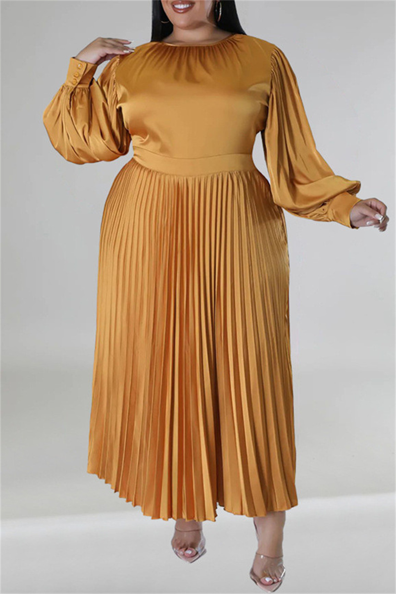 5XL Green Casual Solid Patchwork Fold O Neck Pleated Plus Size Dresses