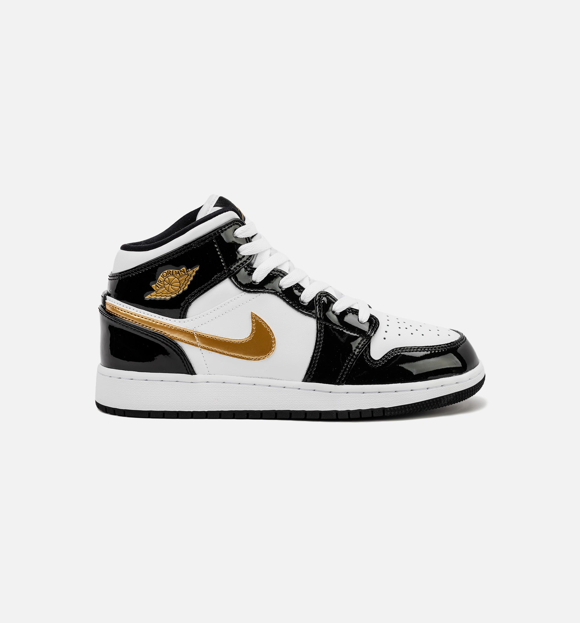 Air Jordan 1 Retro Mid SE Patent Black Gold Grade School Lifestyle Shoe - Black/Gold