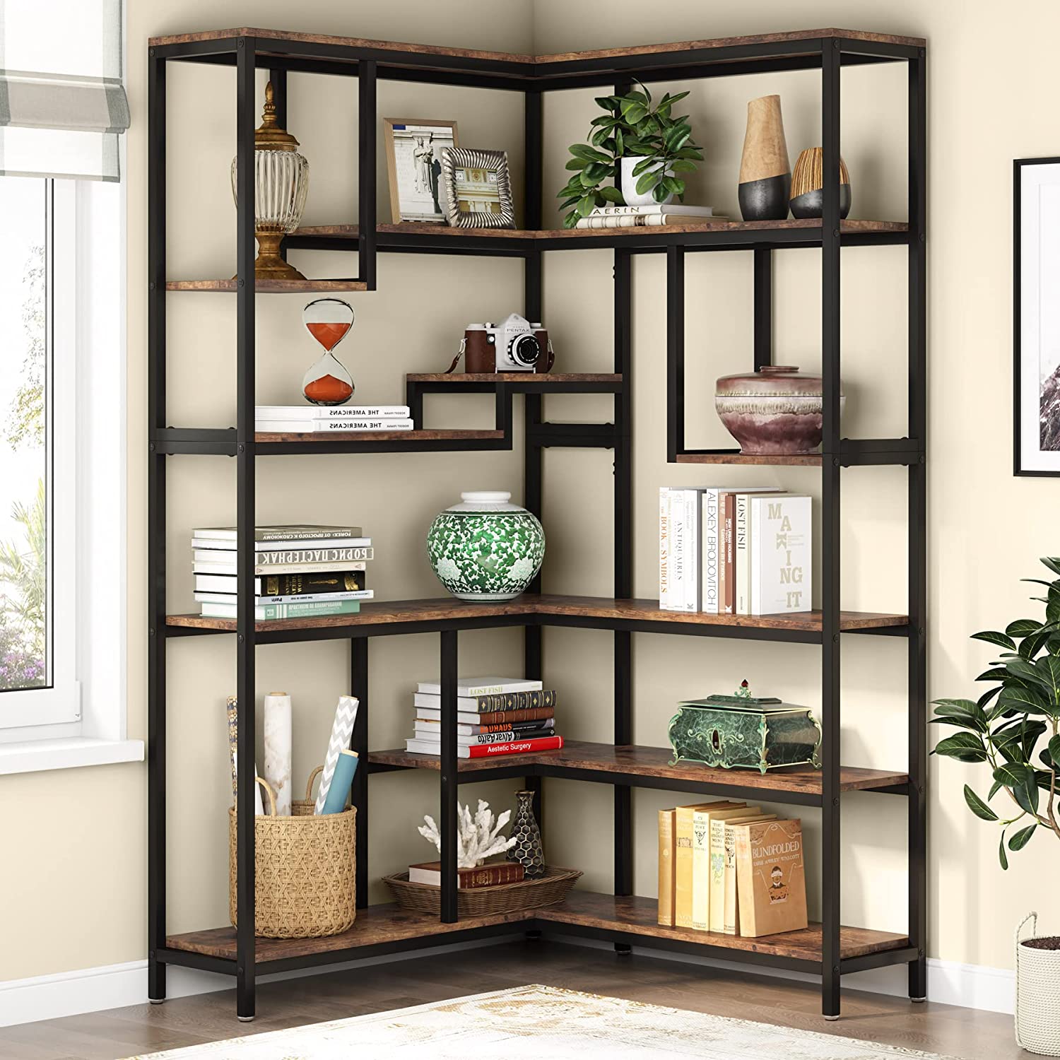 6-Tier Corner Bookshelf Industrial Etagere Corner Bookcase