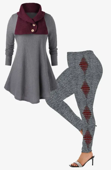 Contrast Turn-down Collar Tunic Sweater and High Waist 3D Ripped Print Leggings Plus Size Outfit
