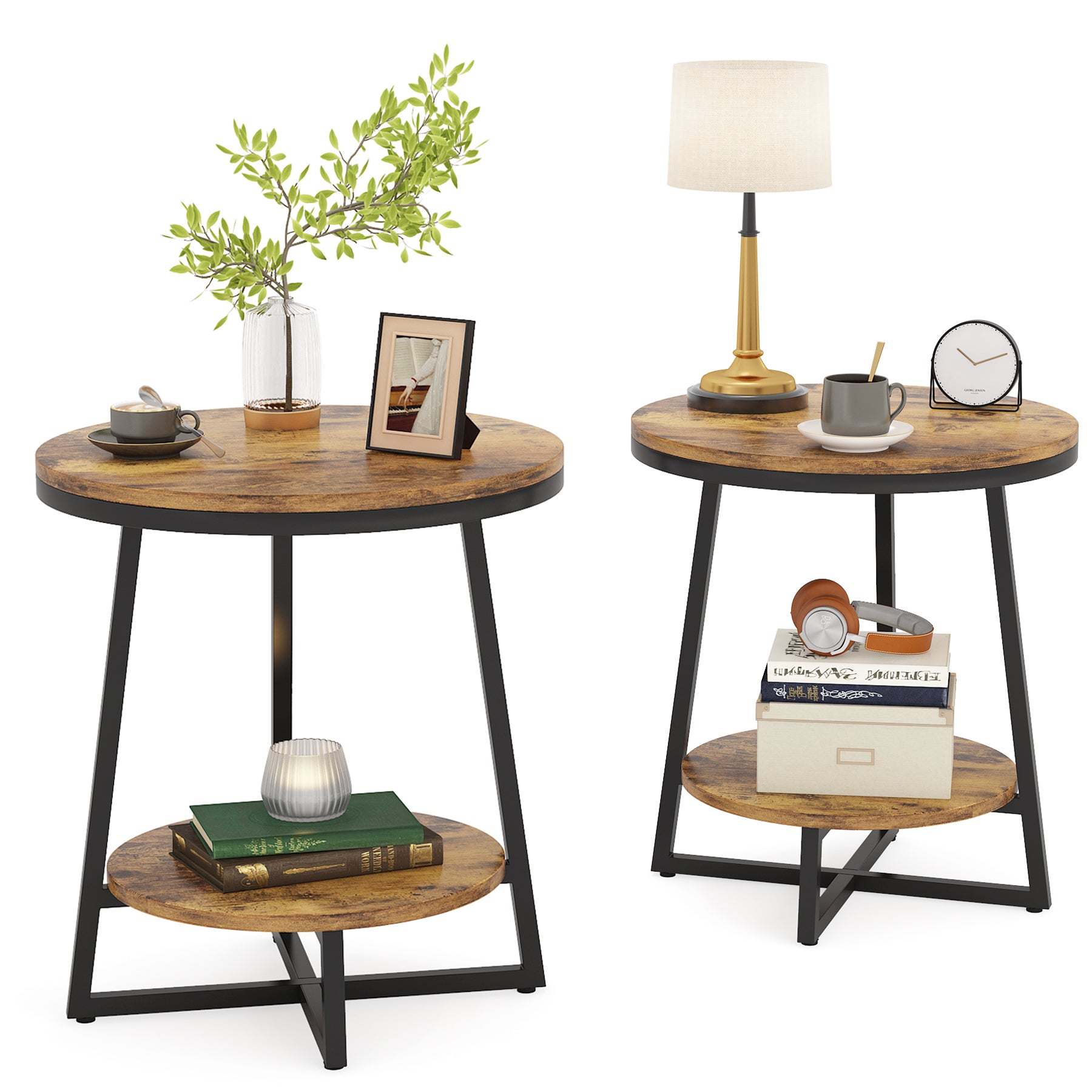 2-Tier End Table, Round Accent Bedside Table with Storage Shelf