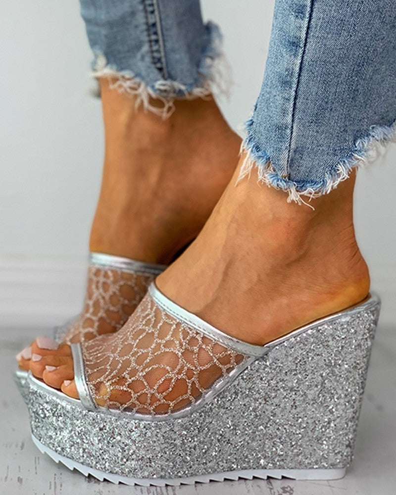 Peep Toe Mesh Glitter Sequins Wedge Shoes