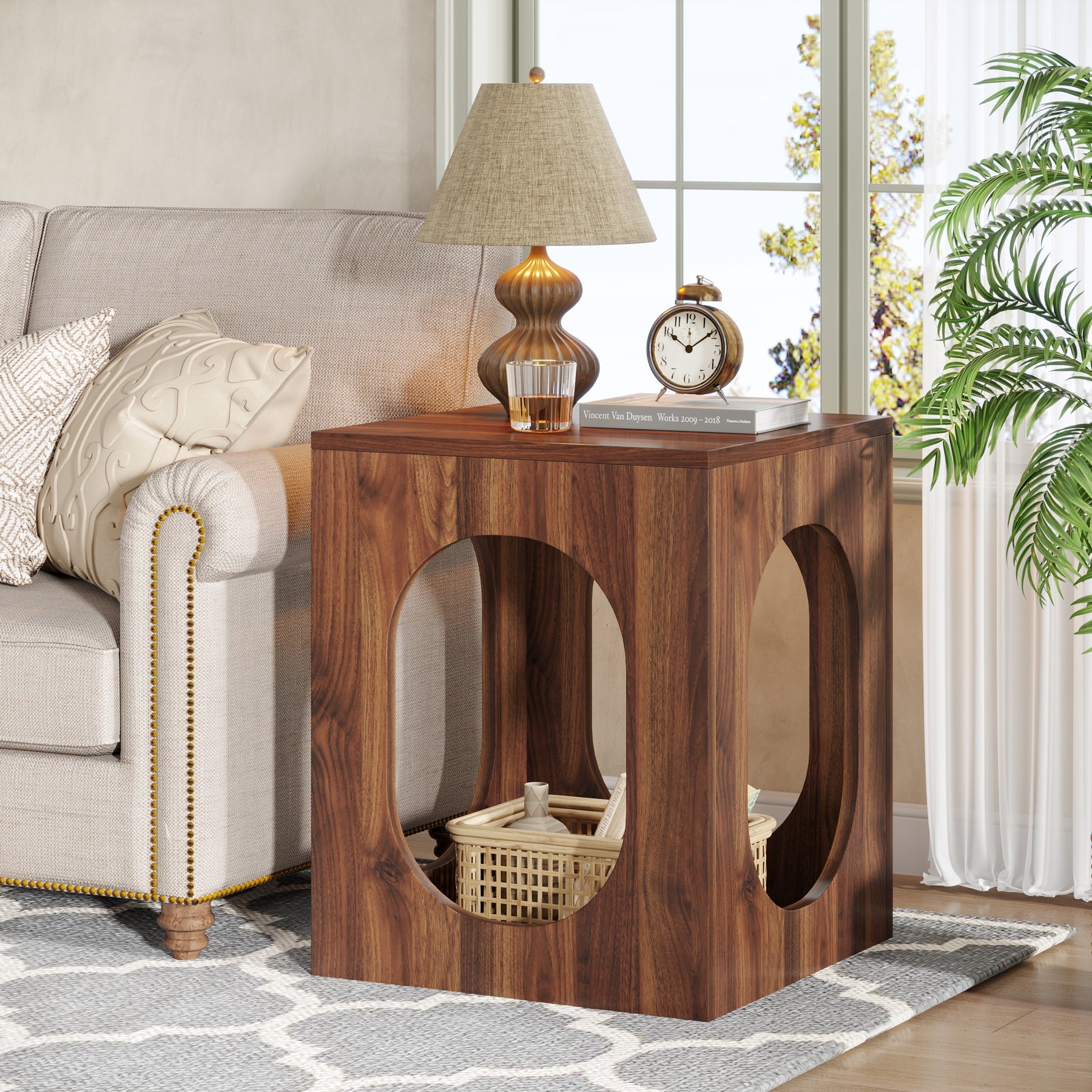 Wood End Table, Square Side Table with 2-tier Storage Shelves