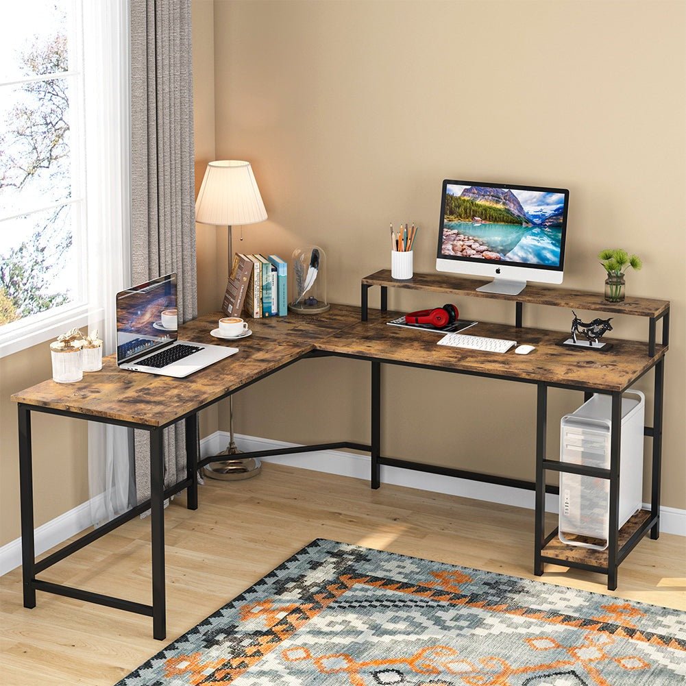 Industrial L-Shaped Desk, Corner Computer Desk with Monitor Stand & Shelves