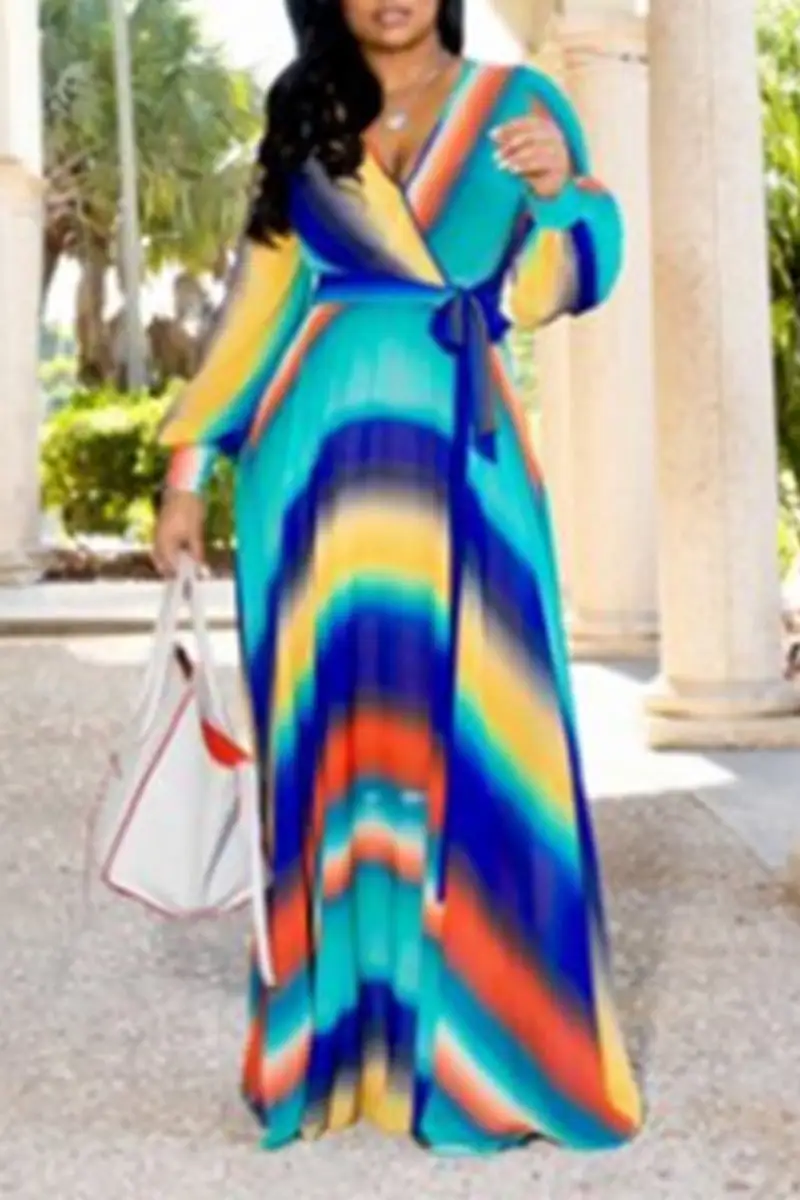 Plus Size Casual Chiffon Long Sleeve Printed Maxi Dresses