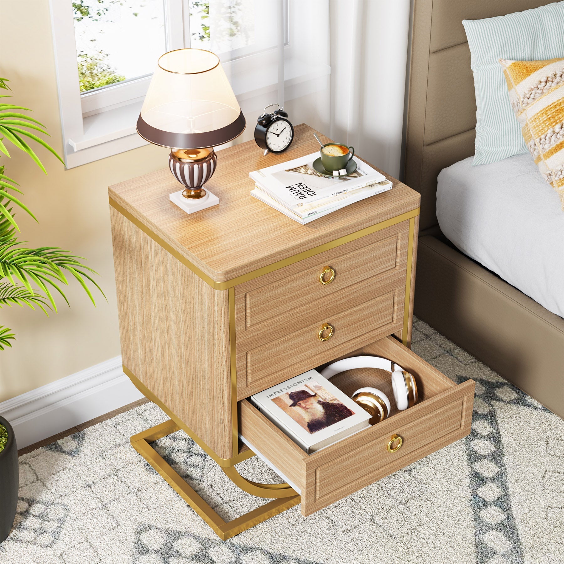 3 Drawers Nightstand, Modern Wood Bedside Table with Metal Frame