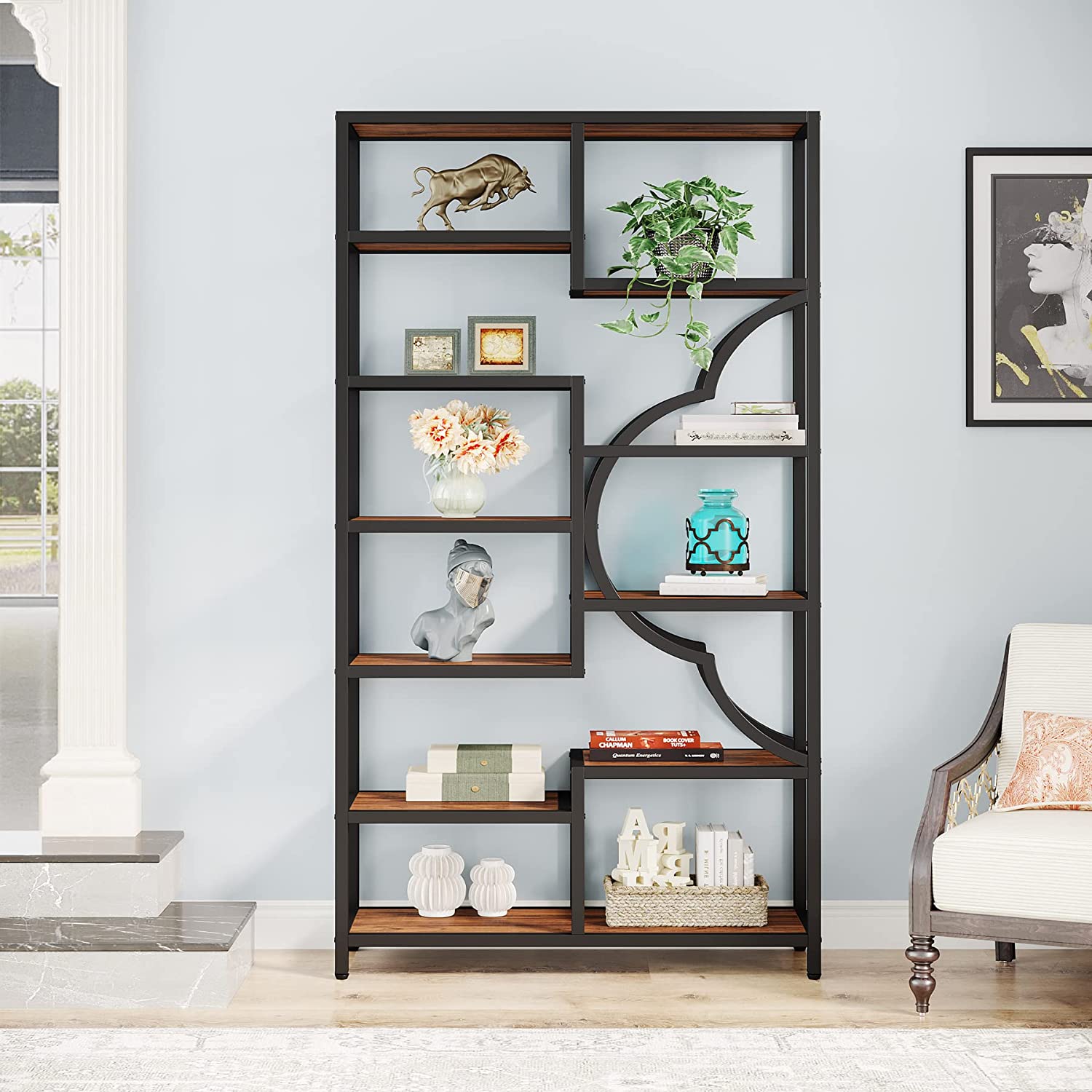 Industrial  Bookshelf, 11-Shelves Staggered Etagere 75” Tall Bookcase