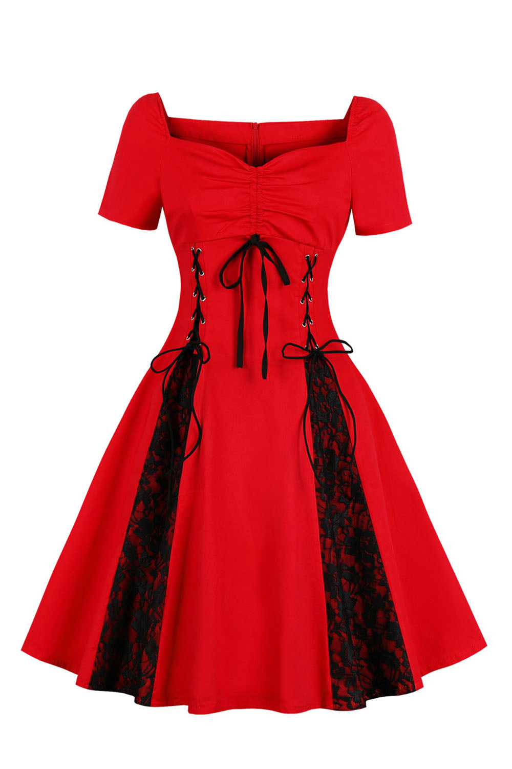 Vintage Lace-up Swing Dress with Lace