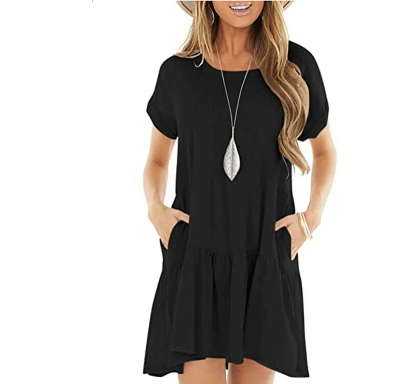 🔥🔥Round neck short sleeve large hem mid-length dress