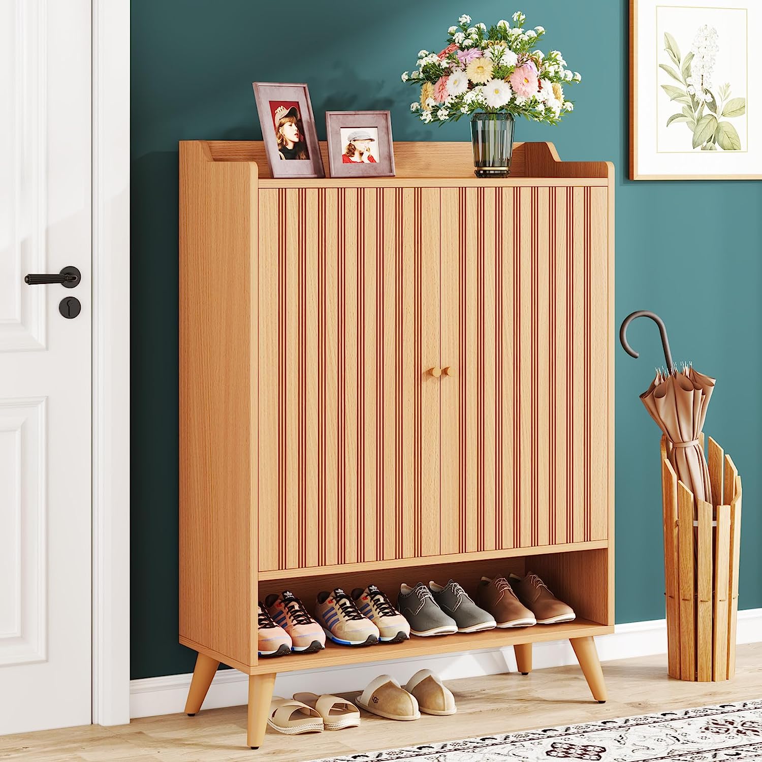 Wooden Shoe Cabinet with Adjustable Shelves and Open Shelf