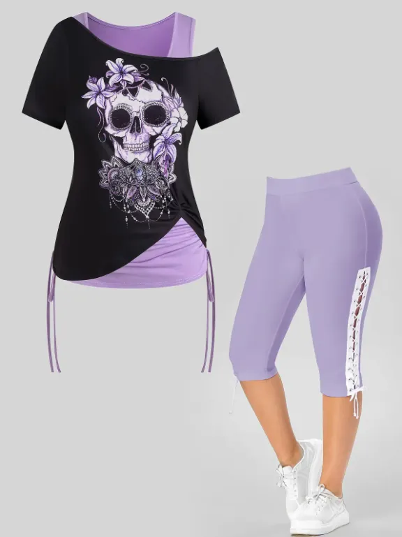 Plus Size & Curve Skull Print T-shirt and Tank Top Set And Lace Up Eyelet Capri Leggings Summer Outfit