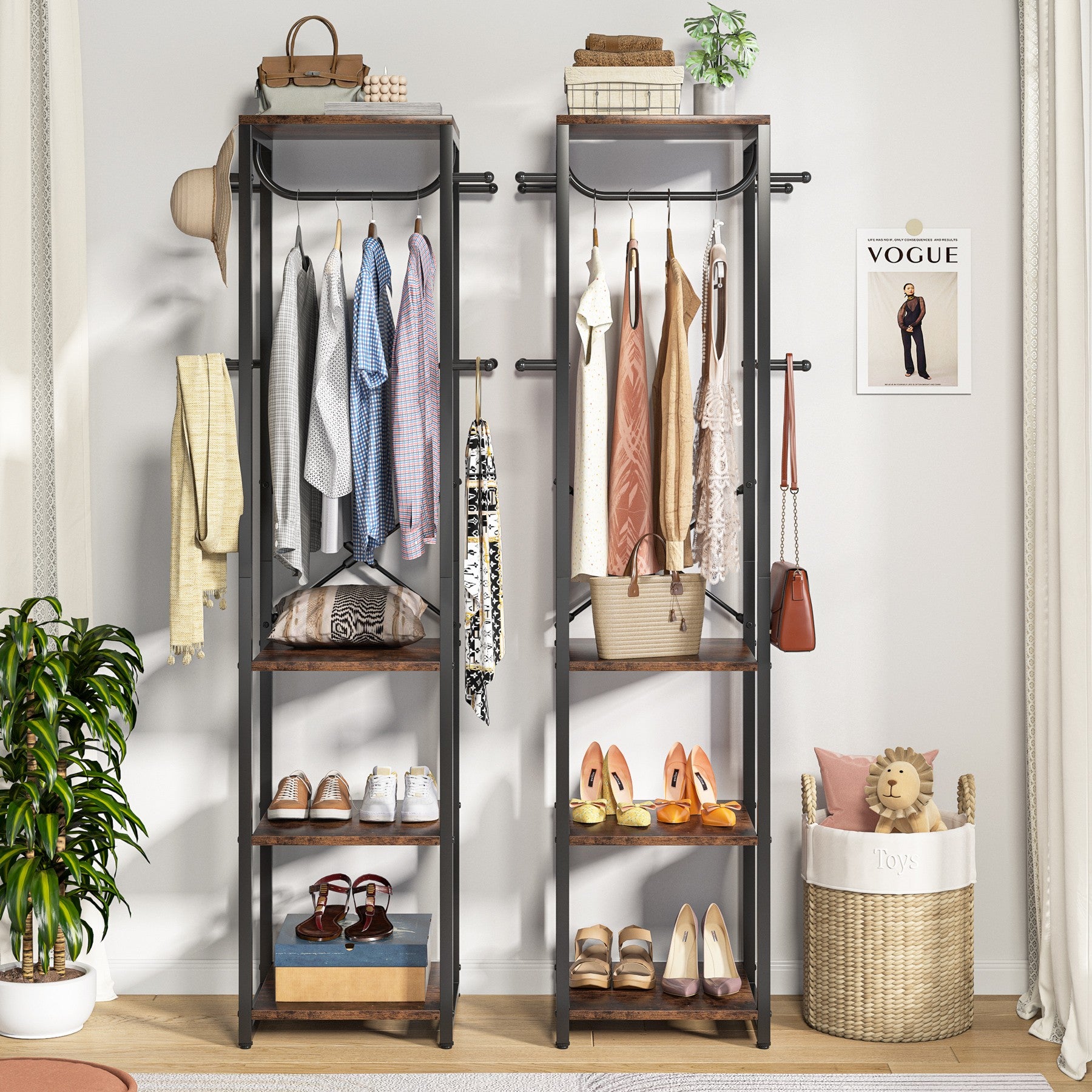 Freestanding Coat Rack, Industrial Corner Hall Tree with 4 Shelves 8 Hooks