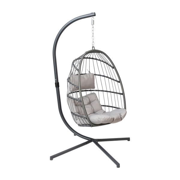 Cleo Patio Hanging Egg Chair， Wicker Hammock with Soft Seat Cushions and Swing Stand， Indoor/Outdoor Gray Frame-Gray Cushions