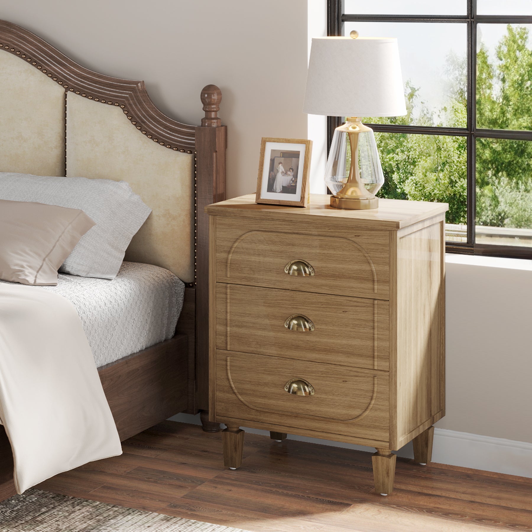 3-Drawer Nightstand, Wood Bed Side Table with Solid Wood Legs