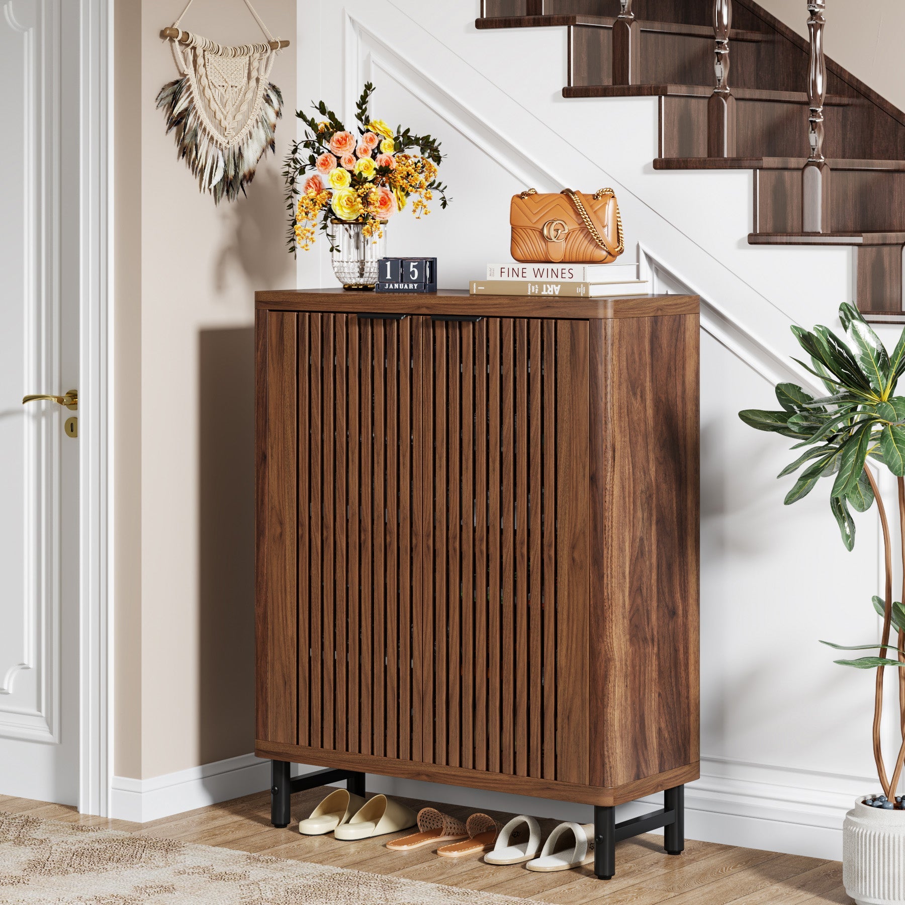 6-Tier Wooden Shoe Cabinet with Louvered Doors & Adjustable Shelves