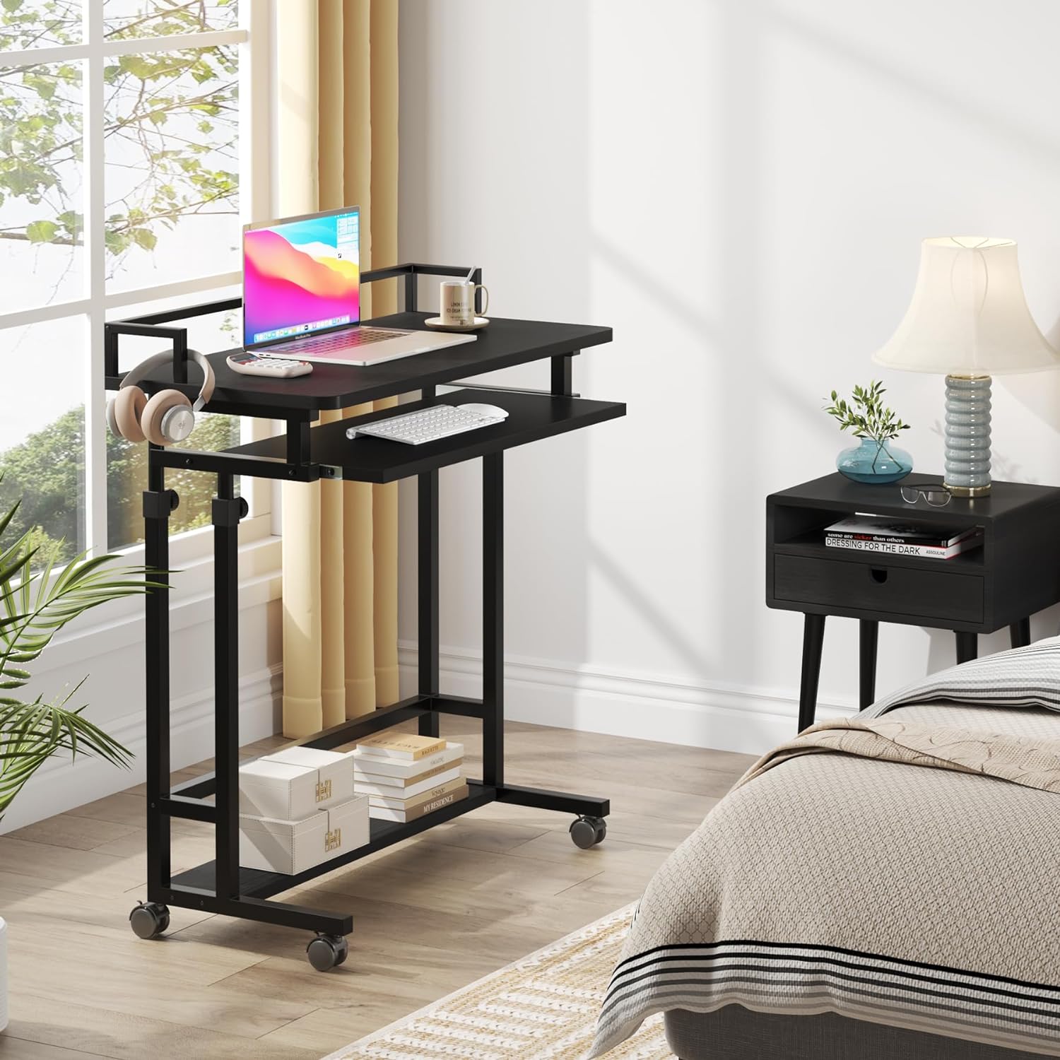 Rolling Height Adjustable Desk, Portable Standing Desk with Keyboard Tray