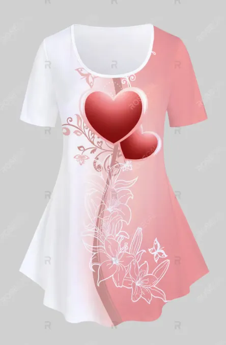 Heart Floral Print Colorblock Tee and Capri Leggings Plus Size Summer Outfit