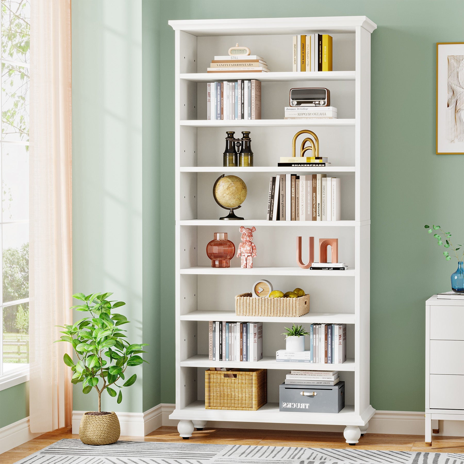 9-Tier Bookcase Wood Bookshelf with LED Lighting & Solid Wood Legs