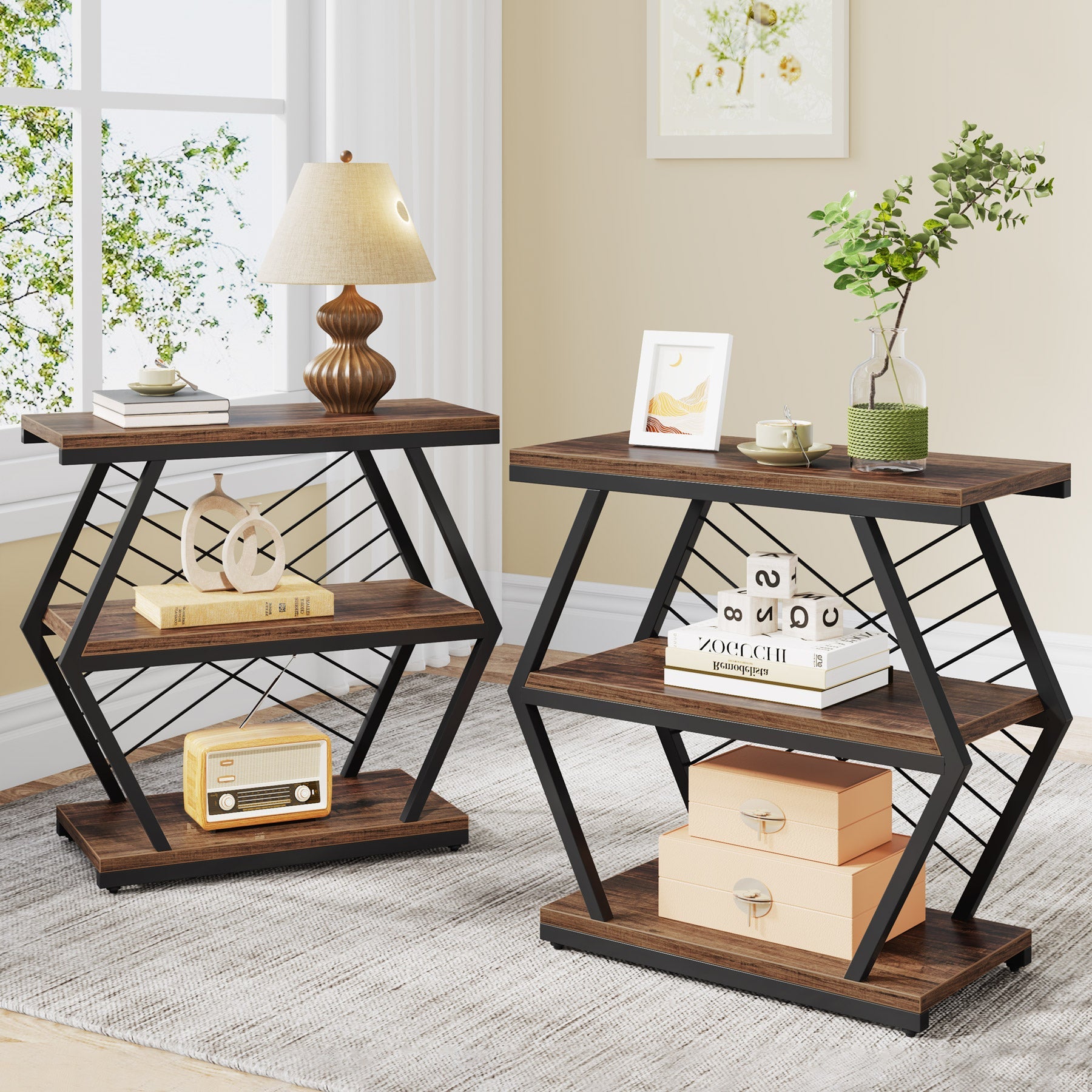 Industrial End Table Side Table with 3 Storage Shelves & Metal Frame