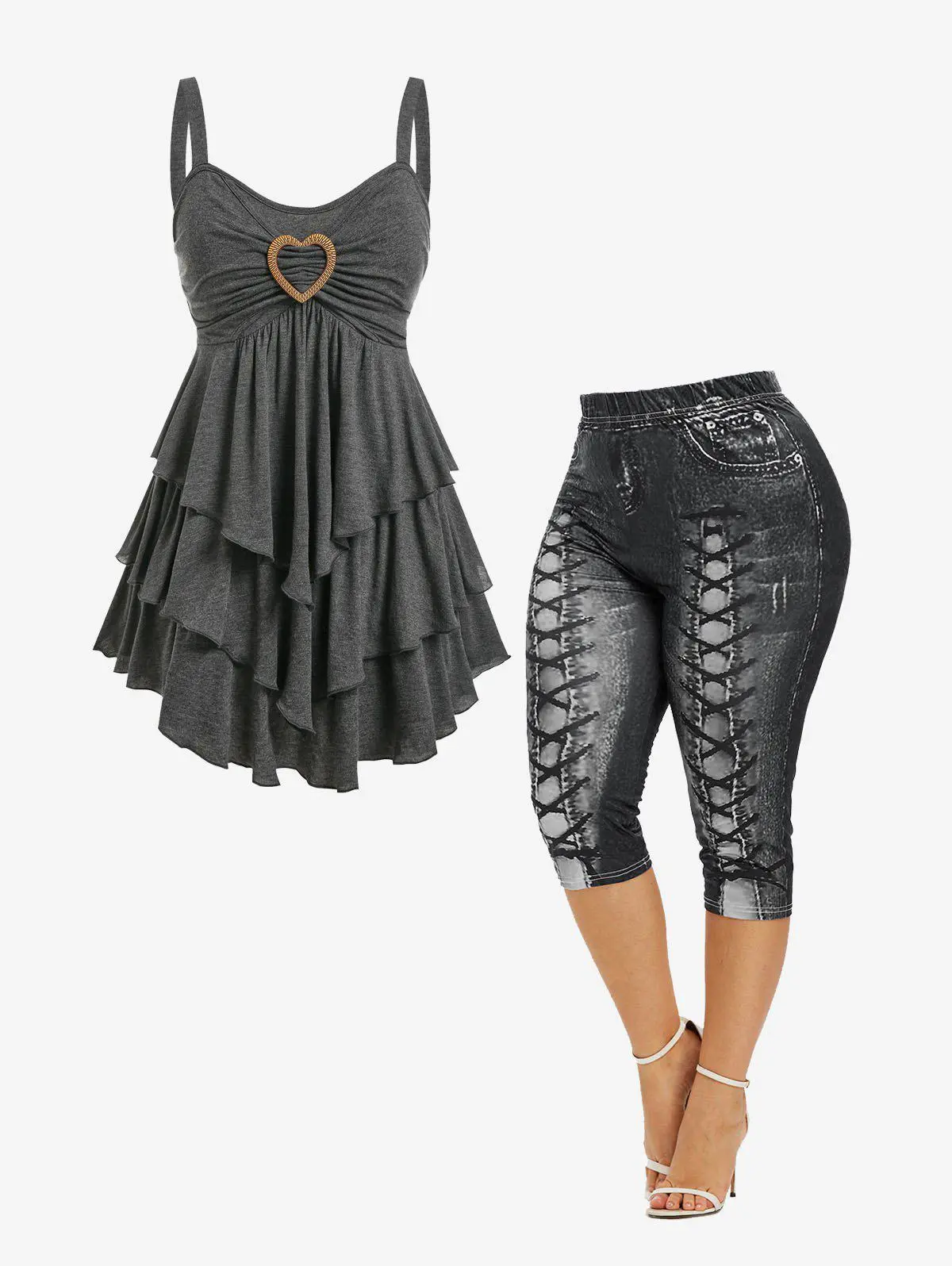 Heart Buckle Layered Tank Top and 3D Lace Up Jean Print Capri Leggings Plus Size Outfit