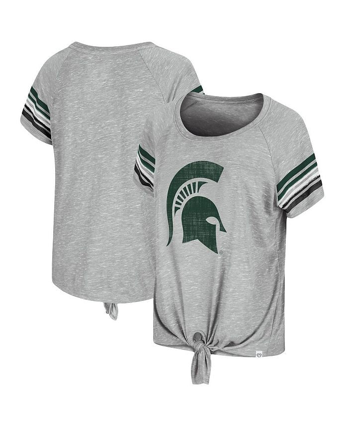 Women's Heathered Gray Michigan State Spartans Boo You Knotted Raglan T-Shirt