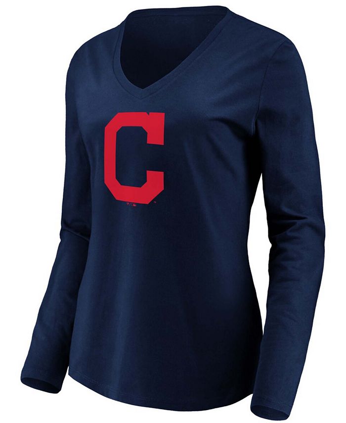 Women's Navy Cleveland Indians Official Logo Long Sleeve V-Neck T-shirt