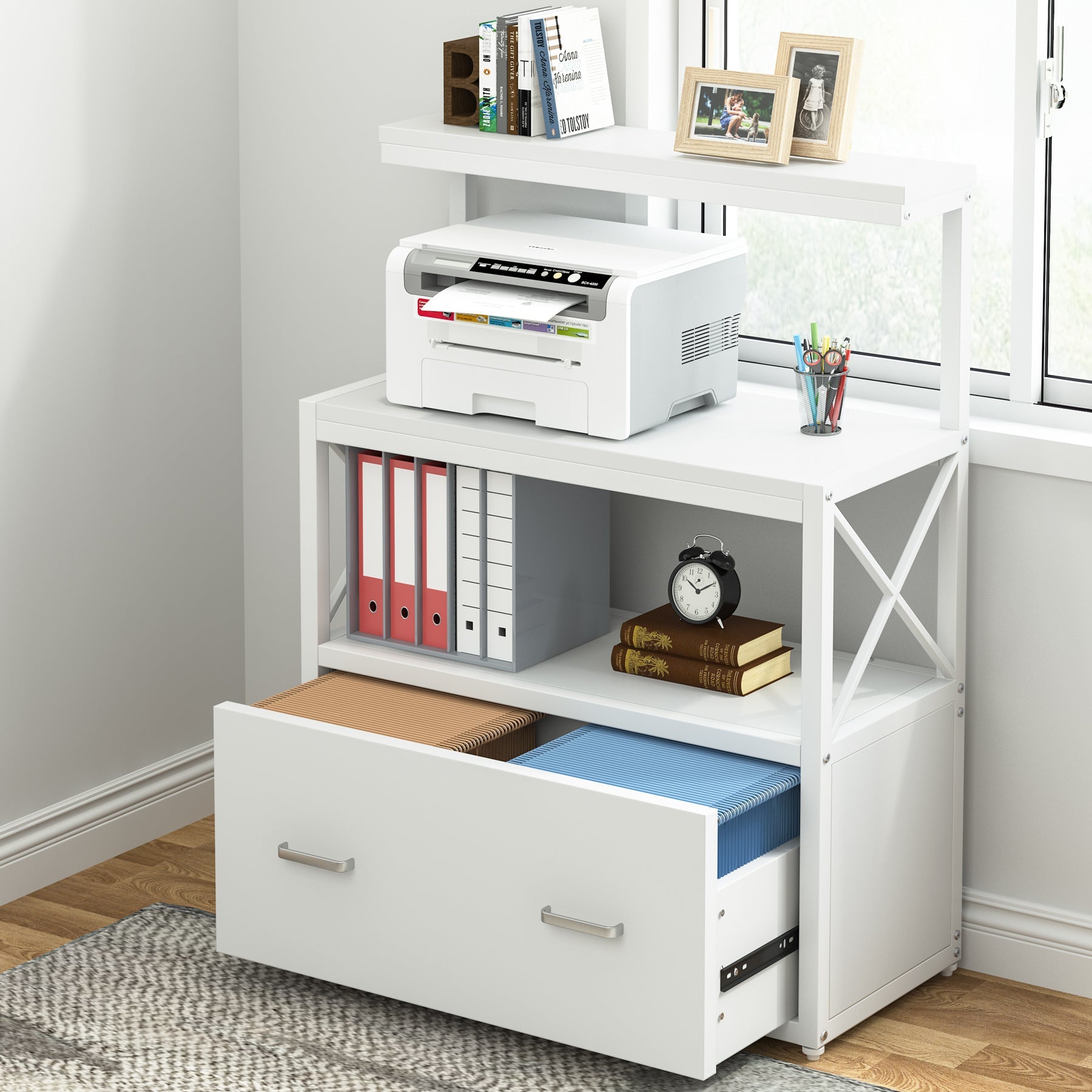 Lateral File Cabinet Printer Stand with Drawer & Shelves