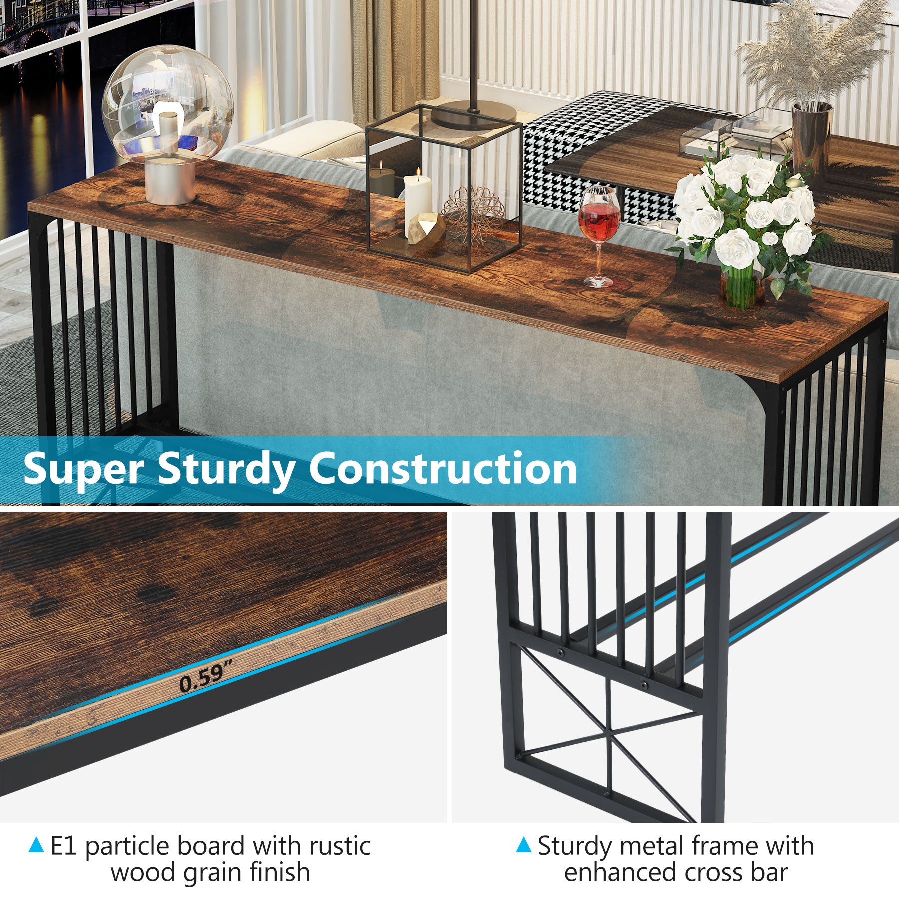 Rustic Console Table, 70.9 inch Industrial Sofa Couch Table