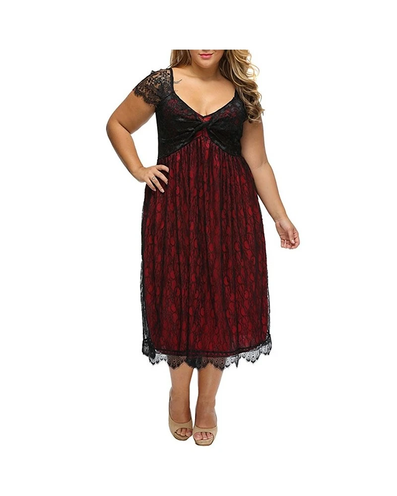Women's Plus Size Lace Midi Dress - Capped Sleeves