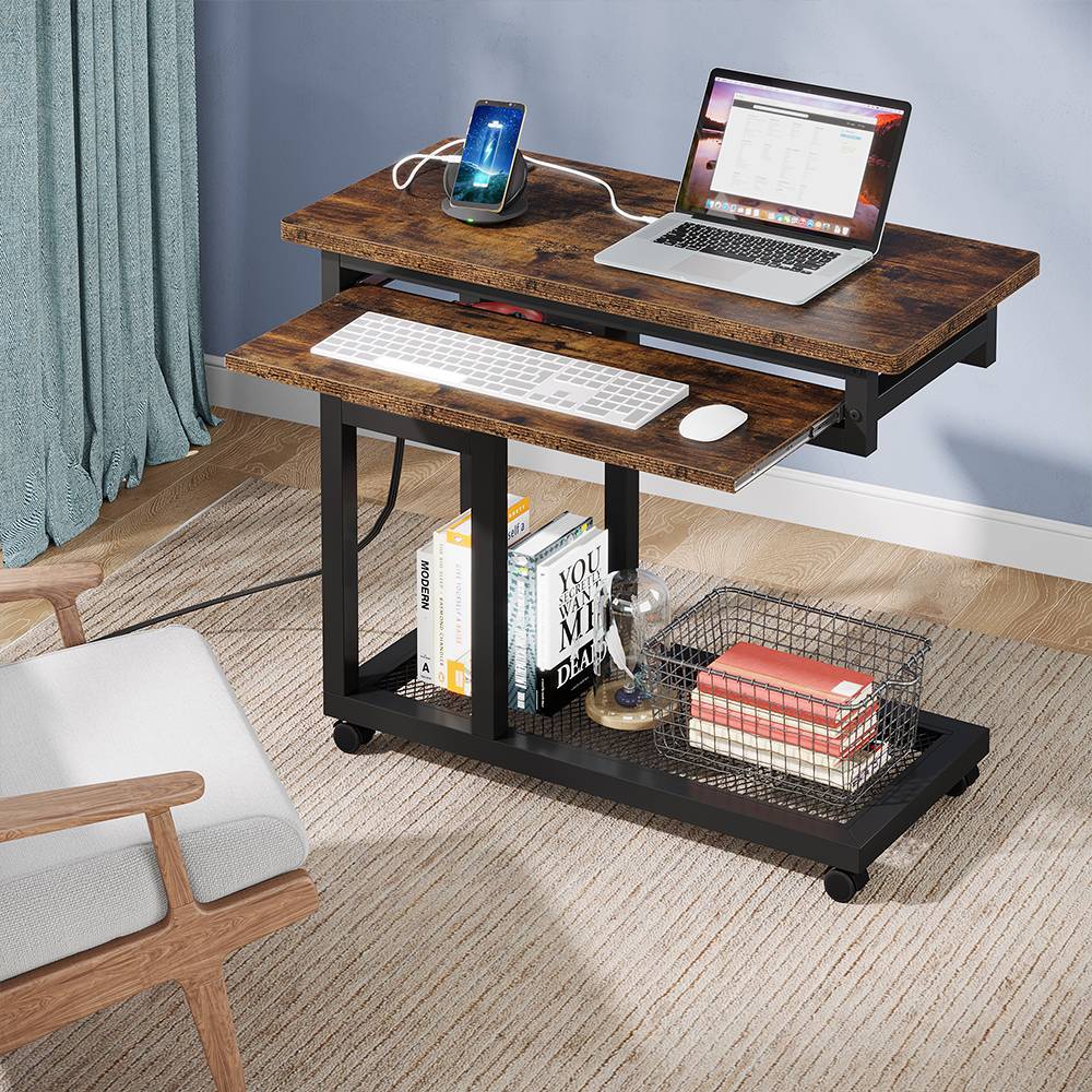 Mobile C Table, Portable Desk Side Table with Power Outlet