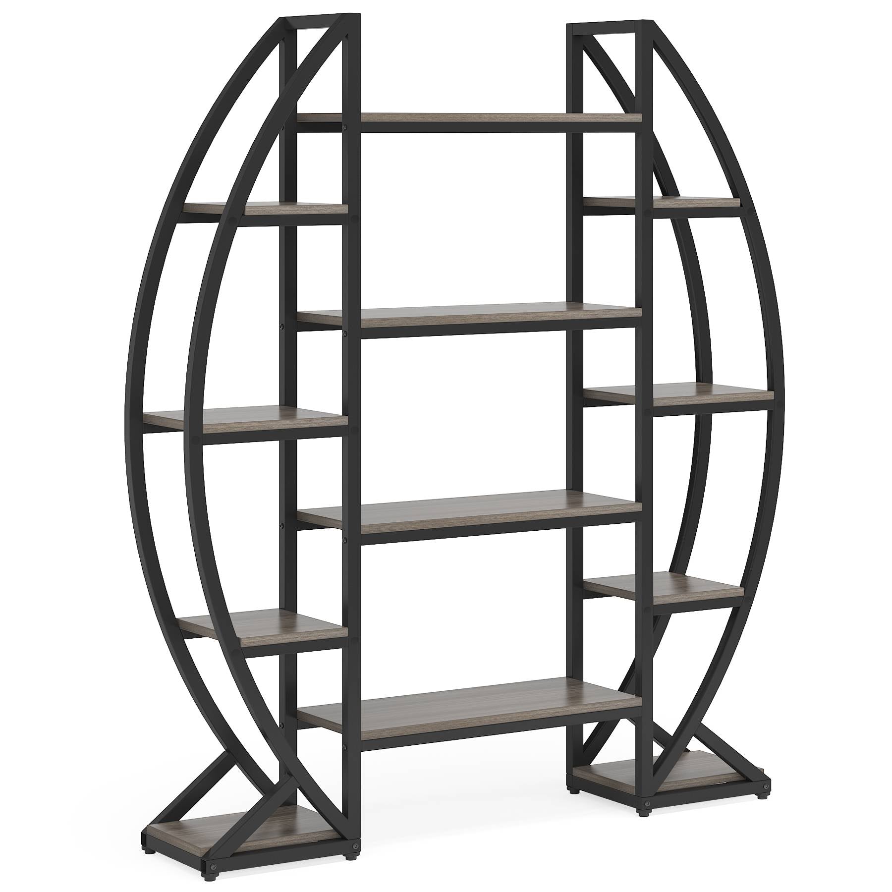 Industrial Bookshelf, Oval Triple Wide Etagere Bookcases Display Shelves