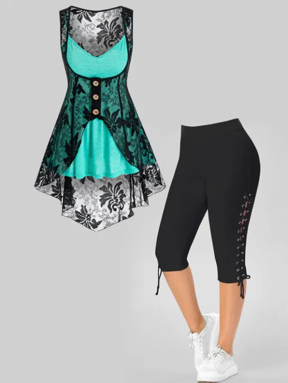 Plus Size Plain Color Skirted Cami Top Floral Lace Slit Button Tank Top and Lace Up Eyelet Capri Leggings Summer Casual Outfit