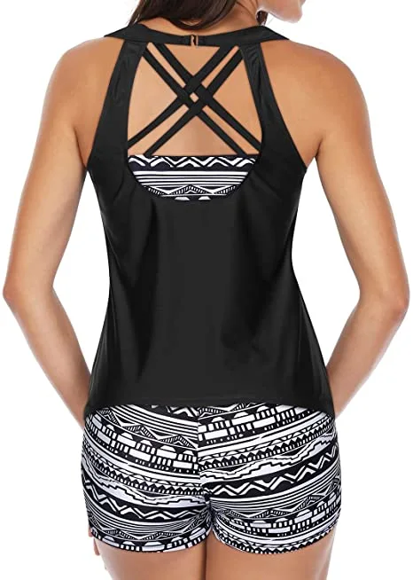 Black And White 3 Piece Swimsuit for Women Tankini Set