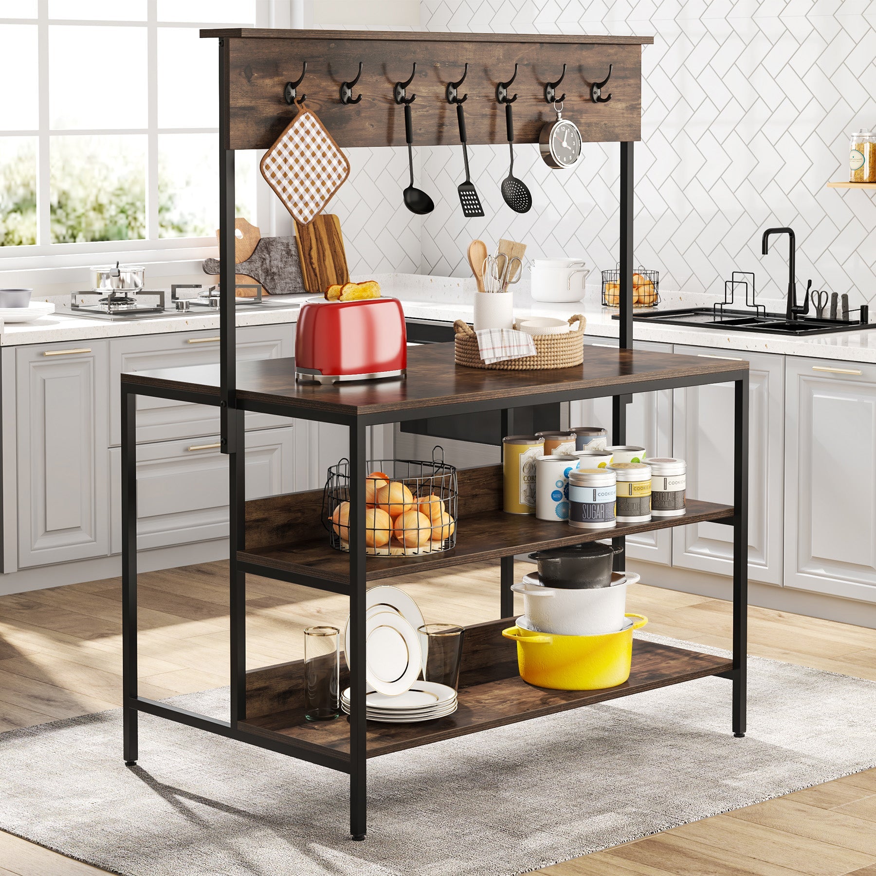 3 Tiers Kitchen Island Kitchen Storage Shelf with 14 Hooks