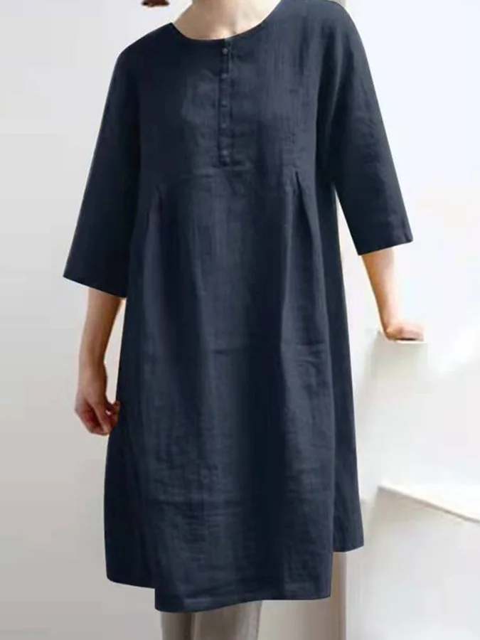 Women's Casual Retro Cotton Linen Solid Color Pleated Loose Shirt Dress Three-quarter Sleeve Dress
