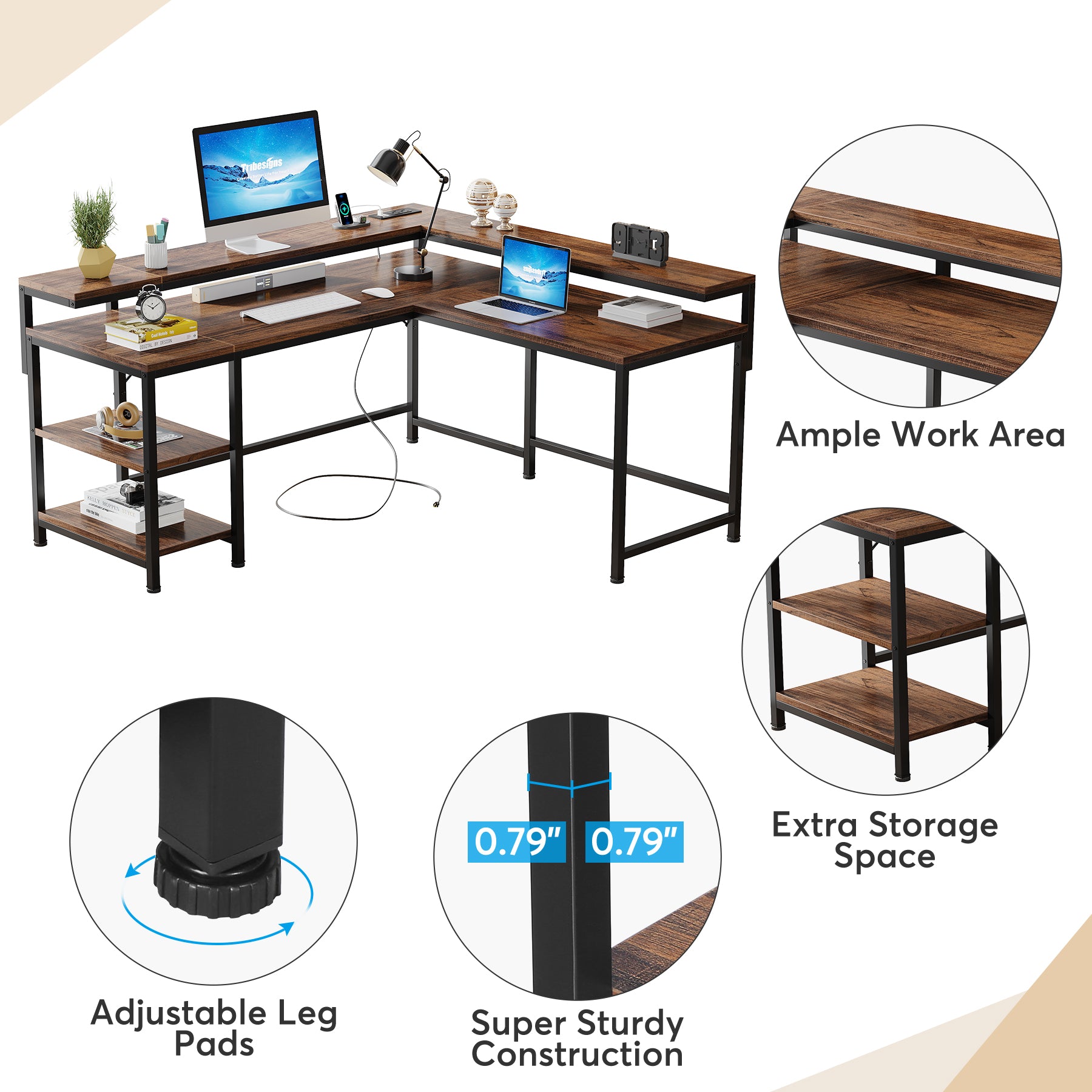 Reversible L-Shaped Desk, Corner Desk with Power Outlets & Monitor Shelves