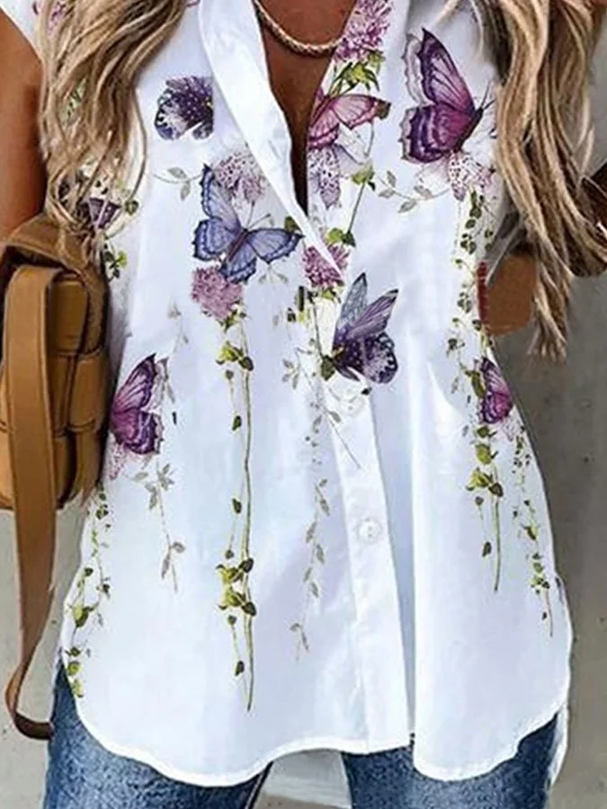 Butterfly Floral Print Short Sleeve Lapel Shirt
