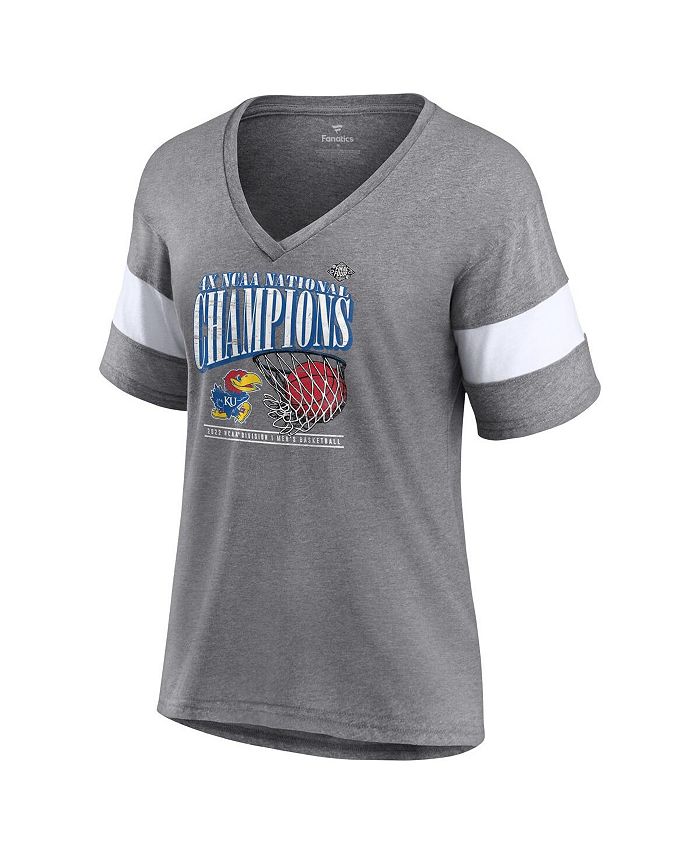 Women's Branded Heathered Gray Kansas Jayhawks 2022 NCAA Men's Basketball National Champions Press Vintage-Like V-Neck T-shirt