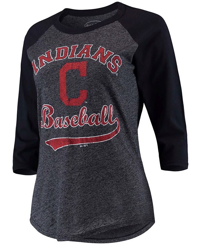 Women's Navy Cleveland Indians Team Baseball Three-Quarter Raglan Sleeve Tri-Blend T-shirt
