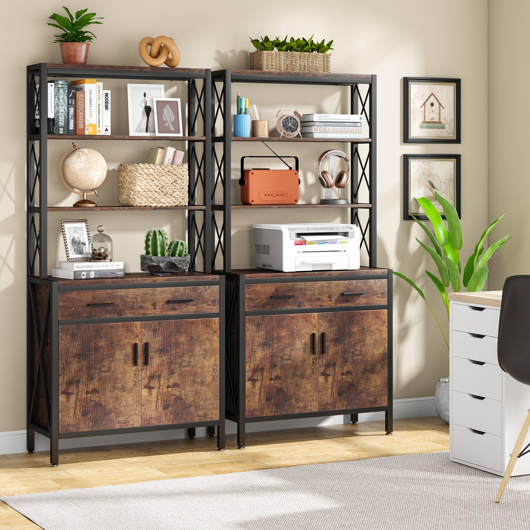 Industrial Bookshelf, 4-Tier Etagere Bookcase with Drawer & Cabinet