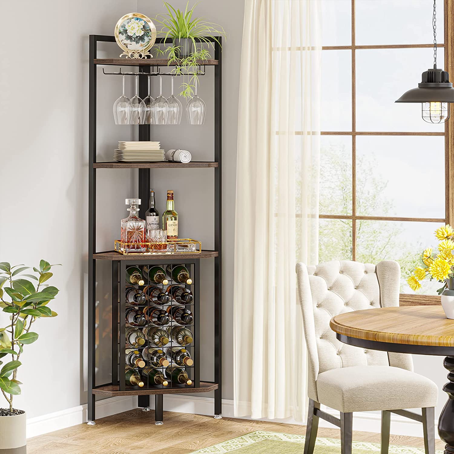 4-Tier Corner Wine Rack with Glass Holder & Storage Shelves