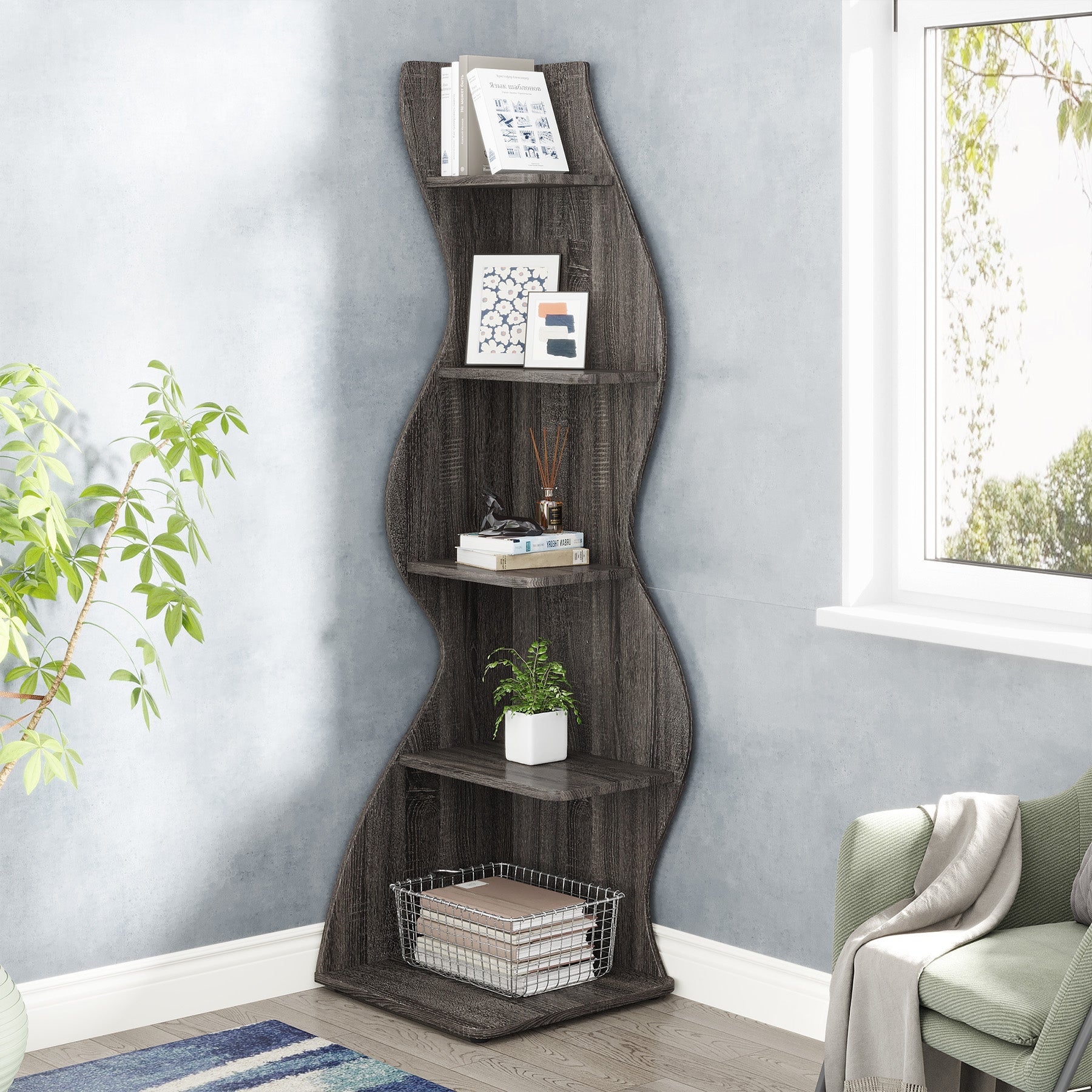 5-Tier Corner Shelf, Modern Wall Corner Bookshelf Bookcase